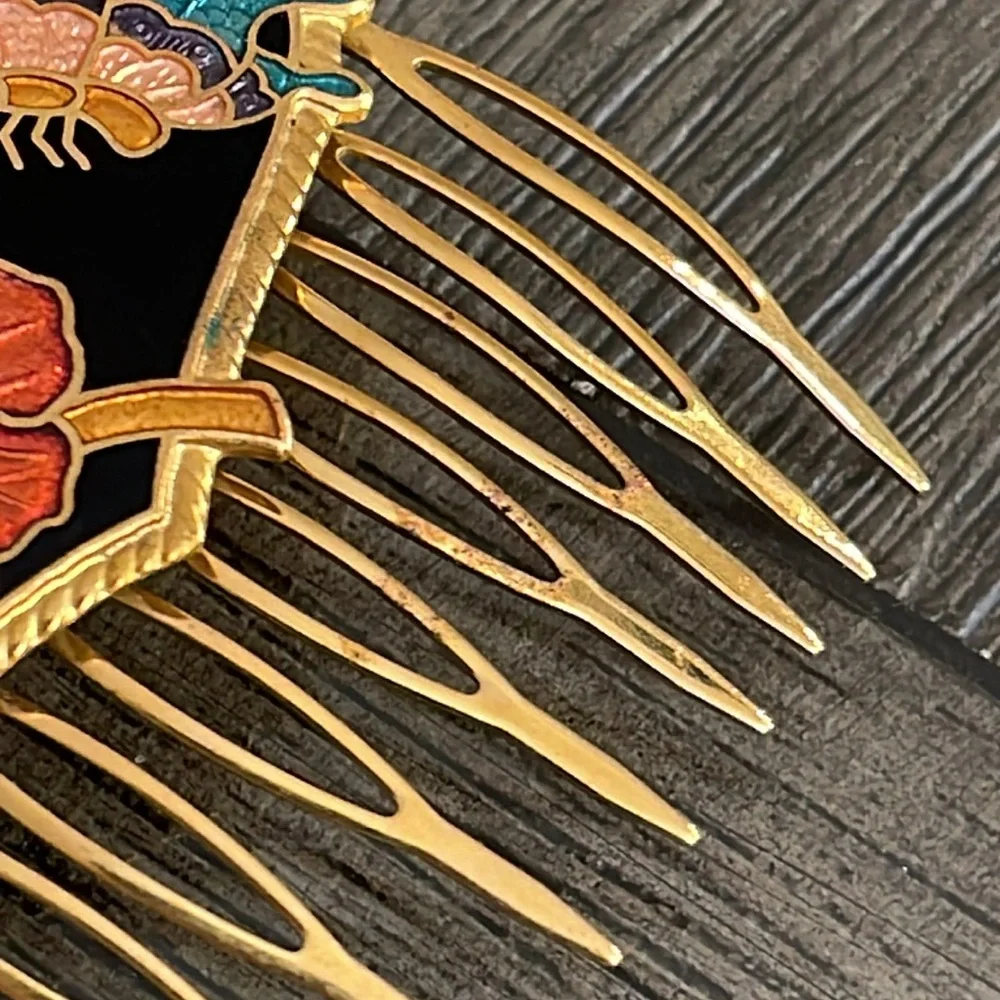 Vintage Cloisonné Butterfly Heart & Flower Hair Combs - Picture 5 of 16